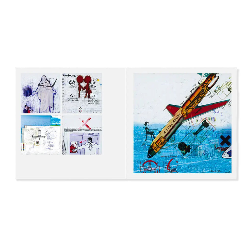 Open book with colorful illustrations on a white background