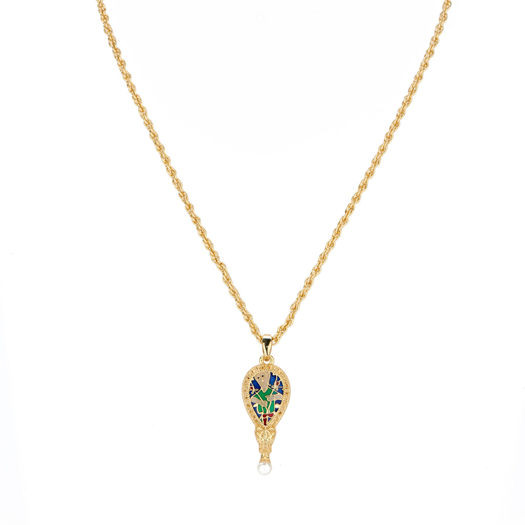 A gold pendant necklace with a twisted gold chain and a replica of the Alfred Jewel as the pendant, featuring a dragon's head and a blue and green enamel design, completed with a luxury freshwater pearl at the bottom.