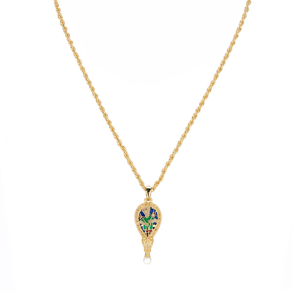 A gold pendant necklace with a twisted gold chain and a replica of the Alfred Jewel as the pendant, featuring a dragon's head and a blue and green enamel design, completed with a luxury freshwater pearl at the bottom.