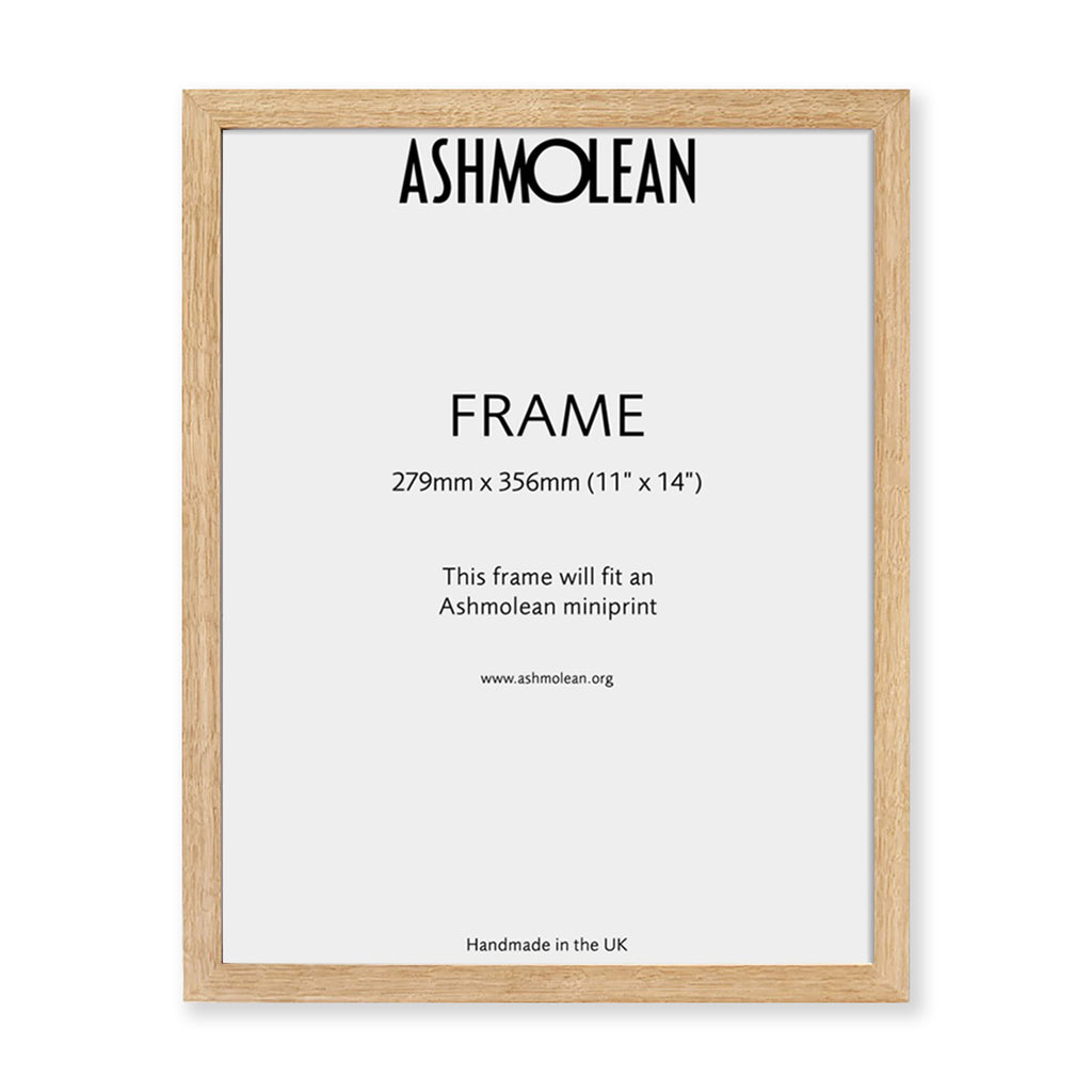 A wooden oak frame with a glass front, designed to fit an 11x14 inch print. The frame is displayed against a white background with the Ashmolean logo and text detailing the frame's size and description.