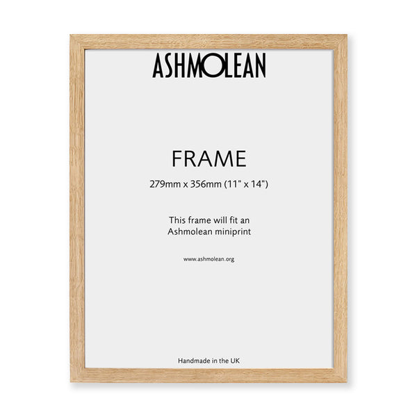 A wooden oak frame with a glass front, designed to fit an 11x14 inch print. The frame is displayed against a white background with the Ashmolean logo and text detailing the frame's size and description.