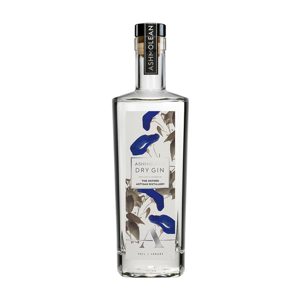 Ashmolean clear glass bottle of Dry Gin. The bottle illustration on the front is 'Spray of Morning Glory', by Takeuchi Seiho.